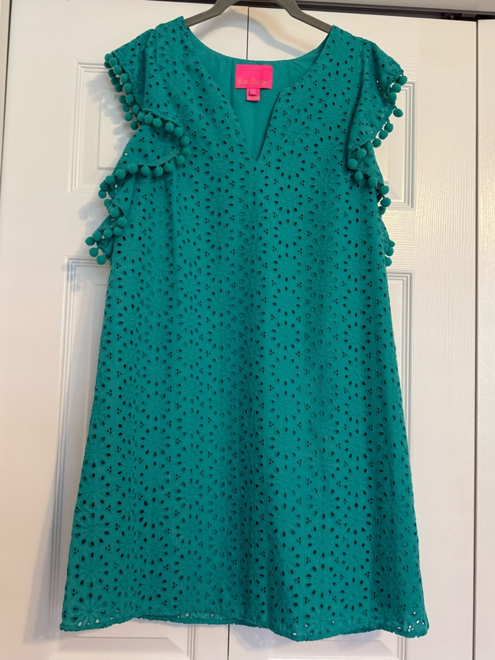 Lilly Pulitzer Teal Eyelet Pom Pom Shift Dress